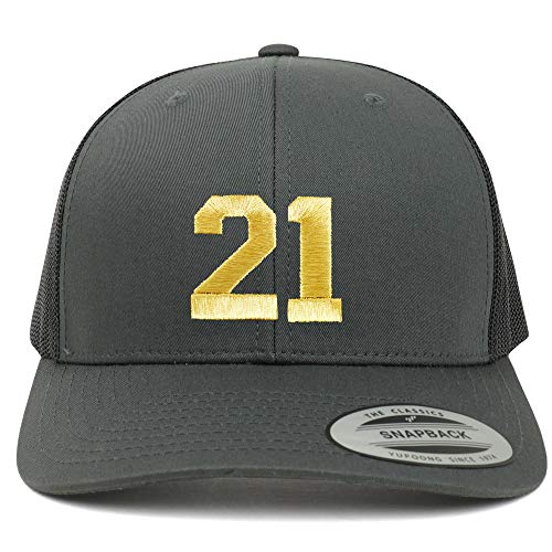 Trendy Apparel Shop Number 21 Gold Thread Embroidered Retro Trucker Mesh Cap - Black