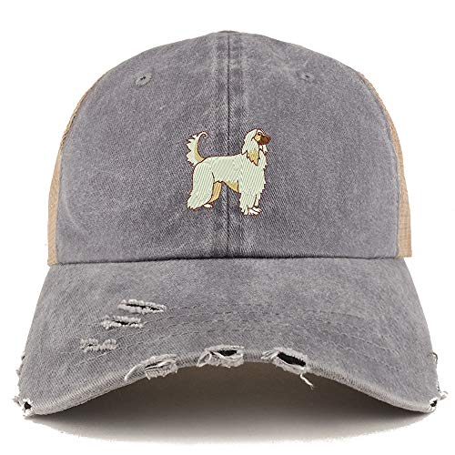 Trendy Apparel Shop Afghan Dog Embroidered Frayed Bill Trucker Mesh Back Cap