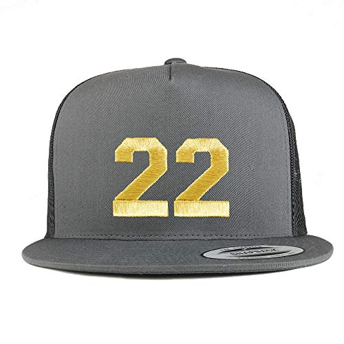 Trendy Apparel Shop Number 22 Gold Thread Embroidered Flat Bill 5 Panel Trucker Cap