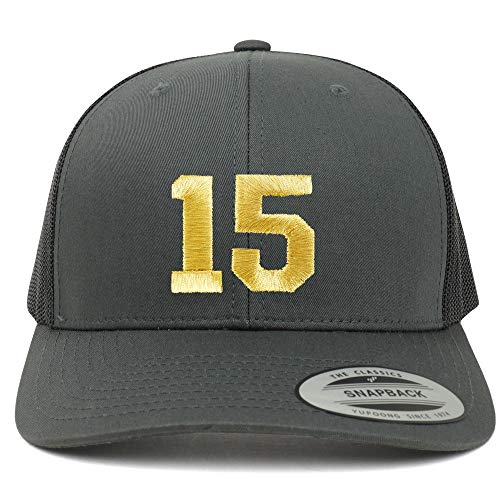 Trendy Apparel Shop Number 15 Gold Thread Embroidered Retro Trucker Mesh Cap