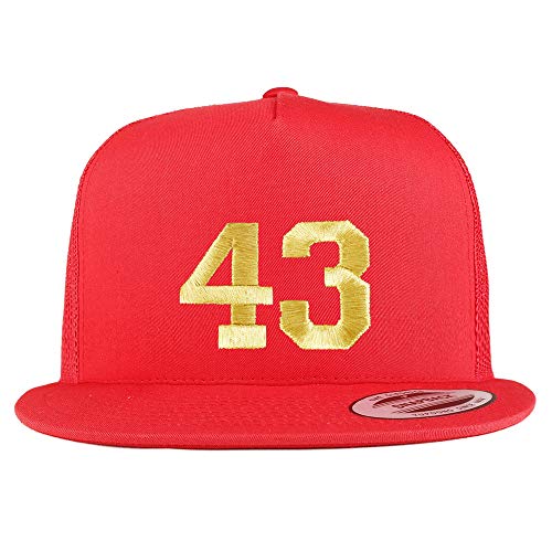 Trendy Apparel Shop Number 43 Gold Thread Embroidered Flat Bill 5 Panel Trucker Cap