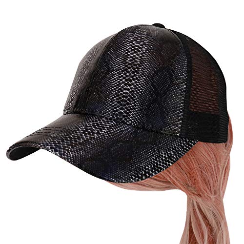 Trendy Apparel Shop PU Snake Pattern Structured Trucker Mesh Ponytail Cap