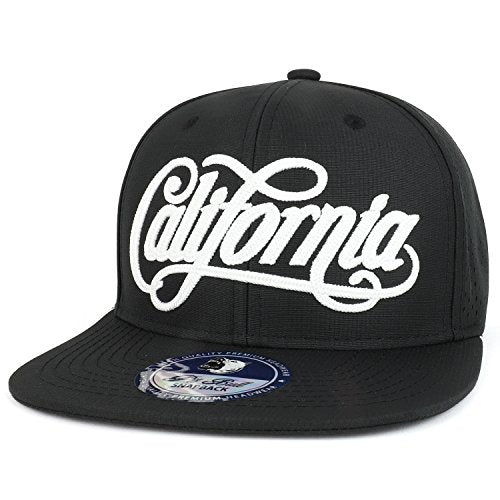 Trendy Apparel Shop California Cursive Script Font Embroidered Flat Bill Punching Mesh Snapback Cap