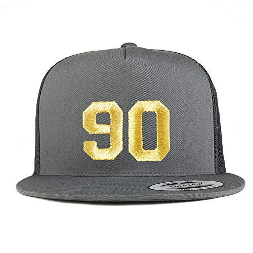 Trendy Apparel Shop Number 90 Gold Thread Embroidered Flat Bill 5 Panel Trucker Cap