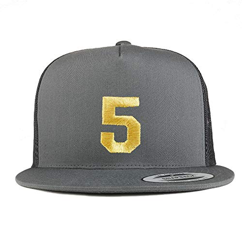 Trendy Apparel Shop Number 5 Gold Thread Embroidered Flat Bill 5 Panel Trucker Cap