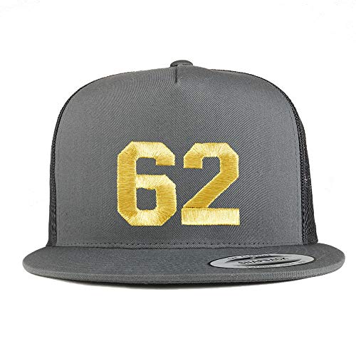 Trendy Apparel Shop Number 62 Gold Thread Embroidered Flat Bill 5 Panel Trucker Cap