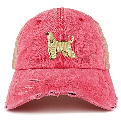 Trendy Apparel Shop Afghan Hound Dog Embroidered Frayed Bill Trucker Mesh Back Cap