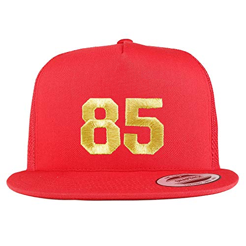 Trendy Apparel Shop Number 85 Gold Thread Embroidered Flat Bill 5 Panel Trucker Cap