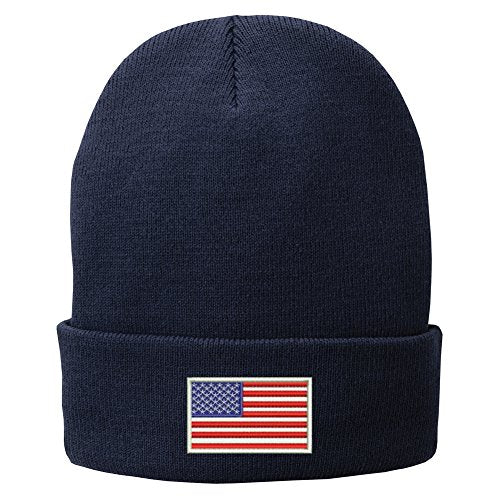 Trendy Apparel Shop US American Flag White Embroidered Winter Folded Long Beanie