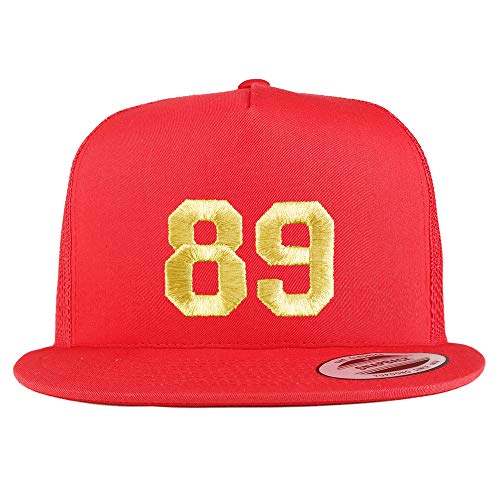 Trendy Apparel Shop Number 89 Gold Thread Embroidered Flat Bill 5 Panel Trucker Cap