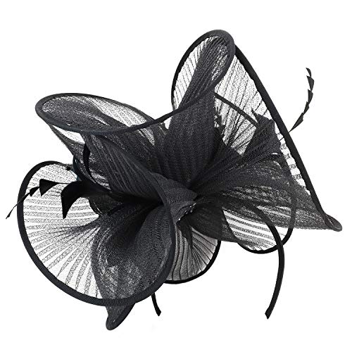 Trendy Apparel Shop Large Mesh Flower Decorated Feather Trim Fascinator Headband