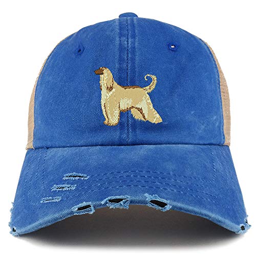 Trendy Apparel Shop Afghan Hound Dog Embroidered Frayed Bill Trucker Mesh Back Cap