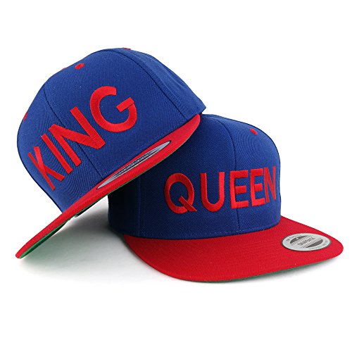 Trendy Apparel Shop King and Queen Two Tone Embroidered Flat Bill Snapback Cap - 2pc Set