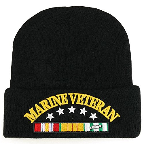 Trendy Apparel Shop Marine Veteran Military Ribbon 3D Embroidered Long Cuff Beanie Cap - Black