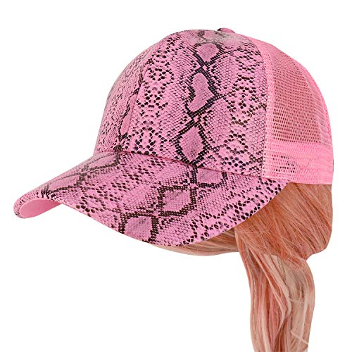 Trendy Apparel Shop PU Snake Pattern Structured Trucker Mesh Ponytail Cap