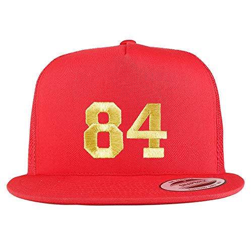 Trendy Apparel Shop Number 84 Gold Thread Embroidered Flat Bill 5 Panel Trucker Cap