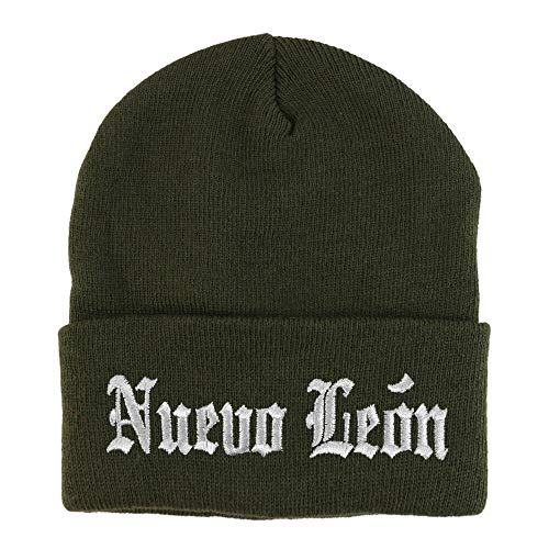 Trendy Apparel Shop Old English Nuevo Leon White Embroidered Acrylic Knit Beanie Cap