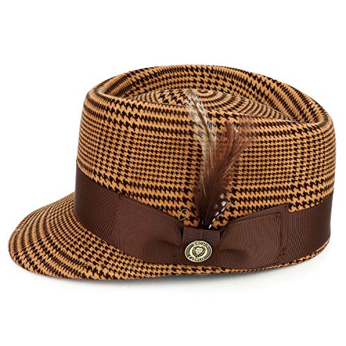 Trendy Apparel Shop Houndstooth Plaid Feather Grosgrain Band Military Wool Hat