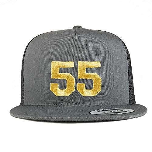 Trendy Apparel Shop Number 55 Gold Thread Embroidered Flat Bill 5 Panel Trucker Cap