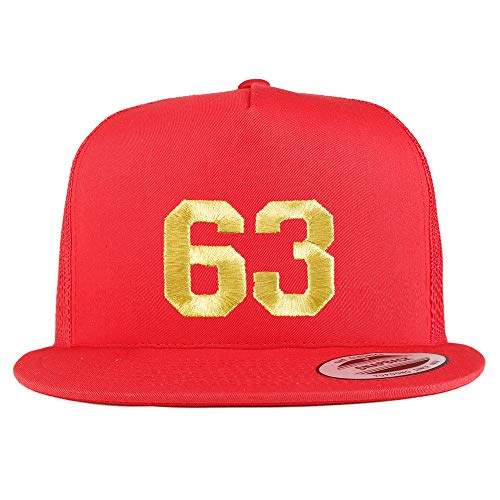 Trendy Apparel Shop Number 63 Gold Thread Embroidered Flat Bill 5 Panel Trucker Cap