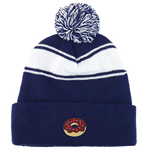 Trendy Apparel Shop Donut Embroidered Two Tone Pom Striped Long Beanie Hat
