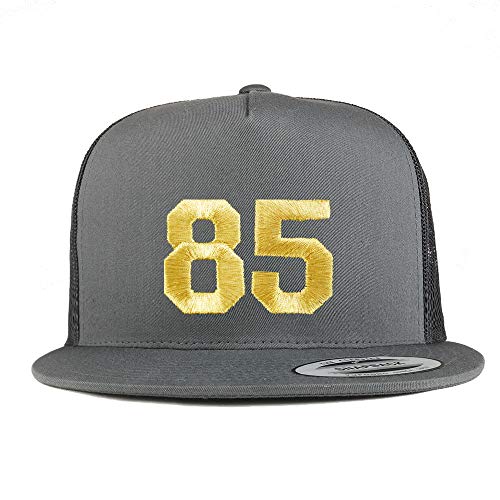 Trendy Apparel Shop Number 85 Gold Thread Embroidered Flat Bill 5 Panel Trucker Cap