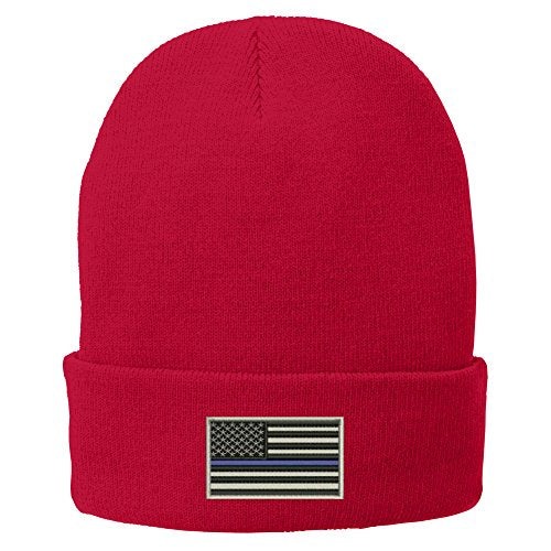 Trendy Apparel Shop US American Flag Thin Blue Line Embroidered Winter Folded Long Beanie