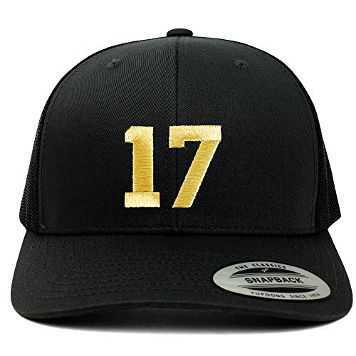 Trendy Apparel Shop Number 17 Gold Thread Embroidered Retro Trucker Mesh Cap