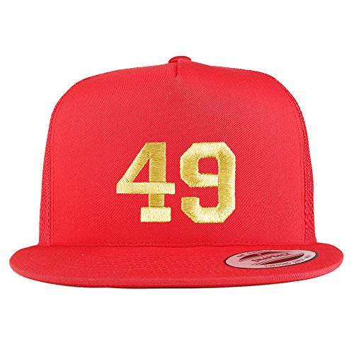 Trendy Apparel Shop Number 49 Gold Thread Embroidered Flat Bill 5 Panel Trucker Cap