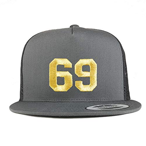 Trendy Apparel Shop Number 69 Gold Thread Embroidered Flat Bill 5 Panel Trucker Cap