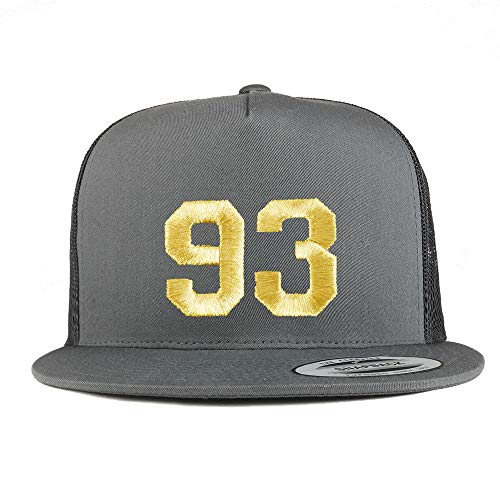 Trendy Apparel Shop Number 93 Gold Thread Embroidered Flat Bill 5 Panel Trucker Cap