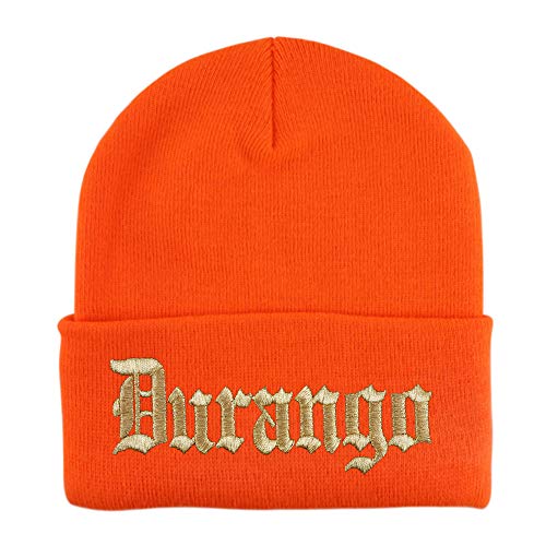 Trendy Apparel Shop Old English Durango Gold Embroidered Acrylic Knit Beanie Cap