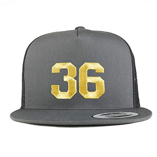 Trendy Apparel Shop Number 36 Gold Thread Embroidered Flat Bill 5 Panel Trucker Cap