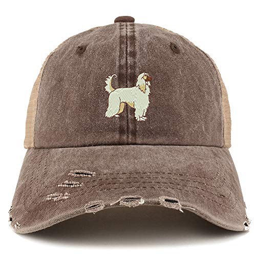 Trendy Apparel Shop Afghan Dog Embroidered Frayed Bill Trucker Mesh Back Cap