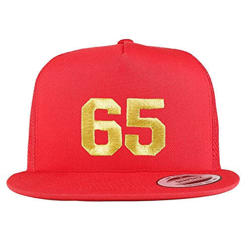 Trendy Apparel Shop Number 65 Gold Thread Embroidered Flat Bill 5 Panel Trucker Cap