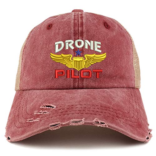 Trendy Apparel Shop Drone Pilot Aviation Wing Embroidered Frayed Bill Trucker Mesh Back Cap