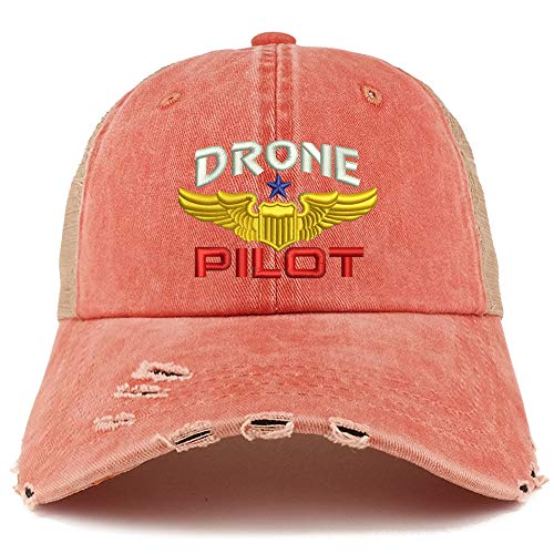 Trendy Apparel Shop Drone Pilot Aviation Wing Embroidered Frayed Bill Trucker Mesh Back Cap