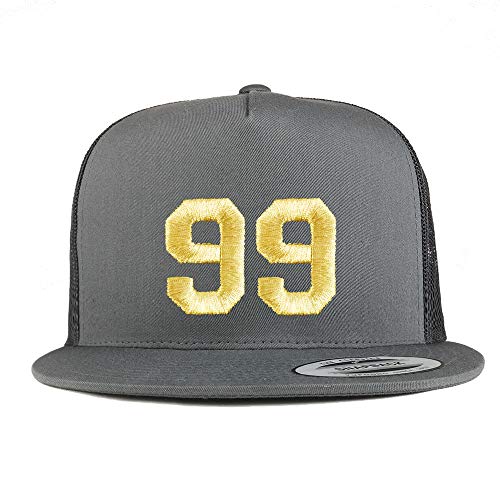 Trendy Apparel Shop Number 99 Gold Thread Embroidered Flat Bill 5 Panel Trucker Cap