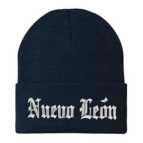 Trendy Apparel Shop Old English Nuevo Leon White Embroidered Acrylic Knit Beanie Cap