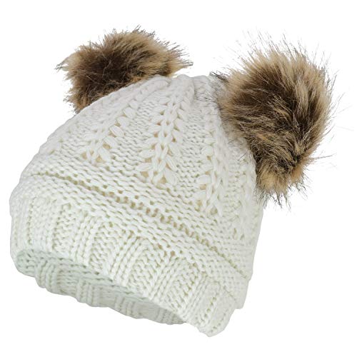 Trendy Apparel Shop Kid's Youth Size Girls Cable Knit Fur Pom Ears Beanie Hat