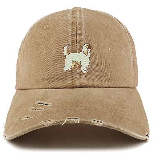 Trendy Apparel Shop Afghan Dog Embroidered Frayed Bill Trucker Mesh Back Cap