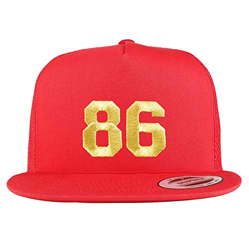 Trendy Apparel Shop Number 86 Gold Thread Embroidered Flat Bill 5 Panel Trucker Cap