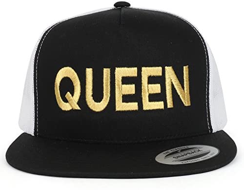 Trendy Apparel Shop King and Queen Gold Embroidered 5 Panel Flat Bill 2-Tone Mesh Cap