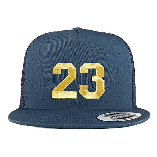 Trendy Apparel Shop Number 23 Gold Thread Embroidered Flat Bill 5 Panel Trucker Cap