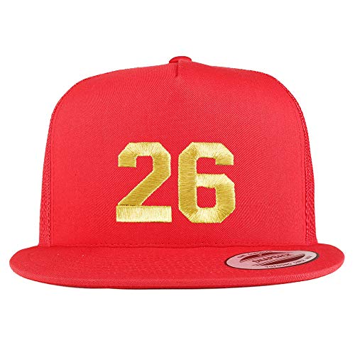 Trendy Apparel Shop Number 26 Gold Thread Embroidered Flat Bill 5 Panel Trucker Cap