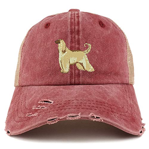 Trendy Apparel Shop Afghan Hound Dog Embroidered Frayed Bill Trucker Mesh Back Cap