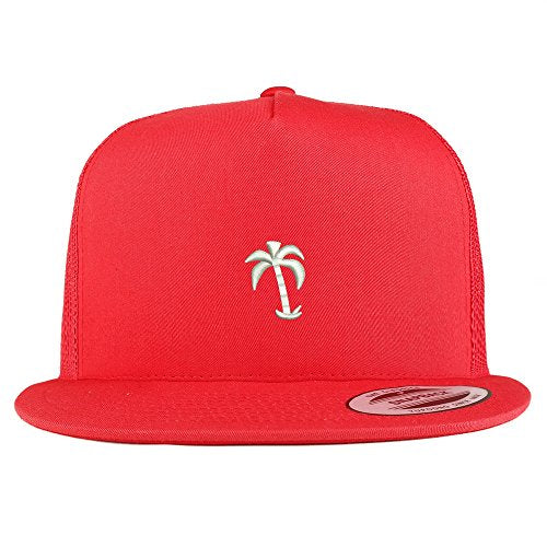 Trendy Apparel Shop Palm Tree Solid White Embroidered 5 Panel Flat Bill Trucker Mesh Back Cap