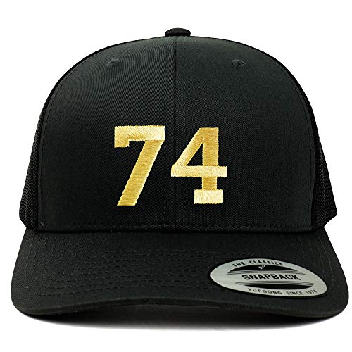 Trendy Apparel Shop Number 74 Gold Thread Embroidered Retro Trucker Mesh Cap