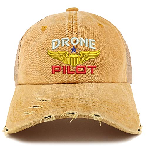 Trendy Apparel Shop Drone Pilot Aviation Wing Embroidered Frayed Bill Trucker Mesh Back Cap