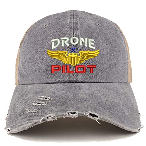 Trendy Apparel Shop Drone Pilot Aviation Wing Embroidered Frayed Bill Trucker Mesh Back Cap